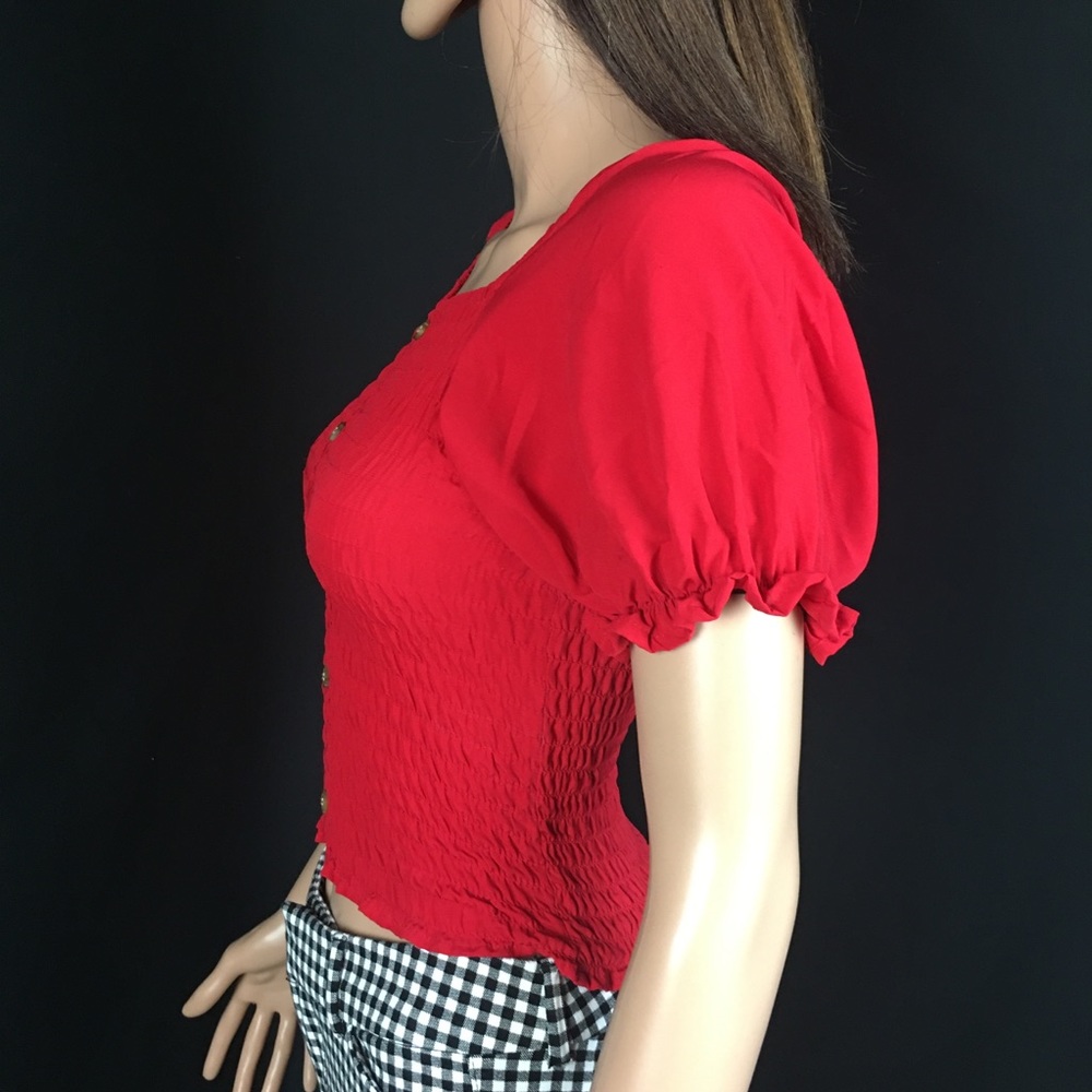 Red Ruffled Square Neck Puff Sleeve Top - Picture 6 of 9